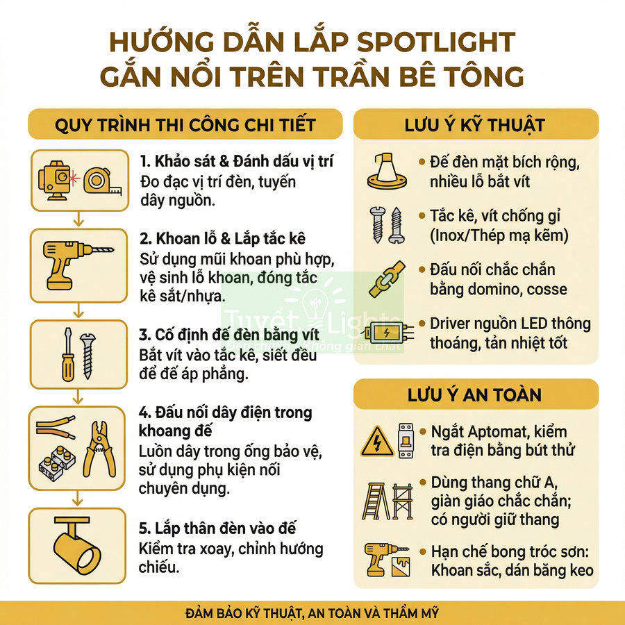 Hướng dẫn lắp đèn spotlight gắn nổi trên trần bê tông với quy trình thi công và lưu ý an toàn
