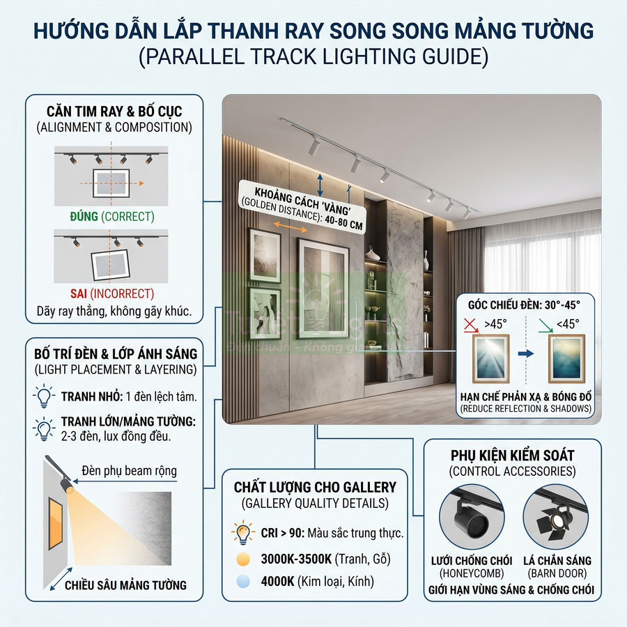 Hướng dẫn lắp đặt hệ thống đèn ray song song chiếu tranh tường trong phòng khách hiện đại