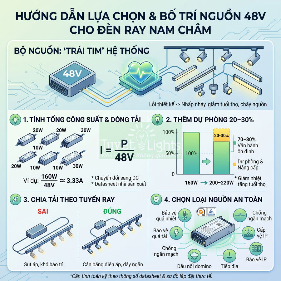 Hướng dẫn lựa chọn và bố trí bộ nguồn 48V cho hệ thống đèn ray nam châm, minh họa cách tính công suất và chia tải