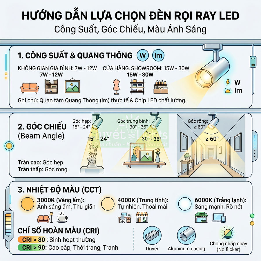 Hướng dẫn lựa chọn đèn rọi ray LED theo công suất, góc chiếu, nhiệt độ màu và chỉ số hoàn màu CRI
