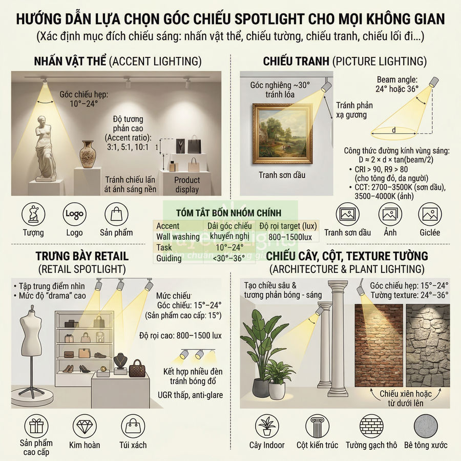 Hướng dẫn chọn góc chiếu đèn spotlight cho tượng, sản phẩm trưng bày, tranh và cây indoor trong không gian nội thất
