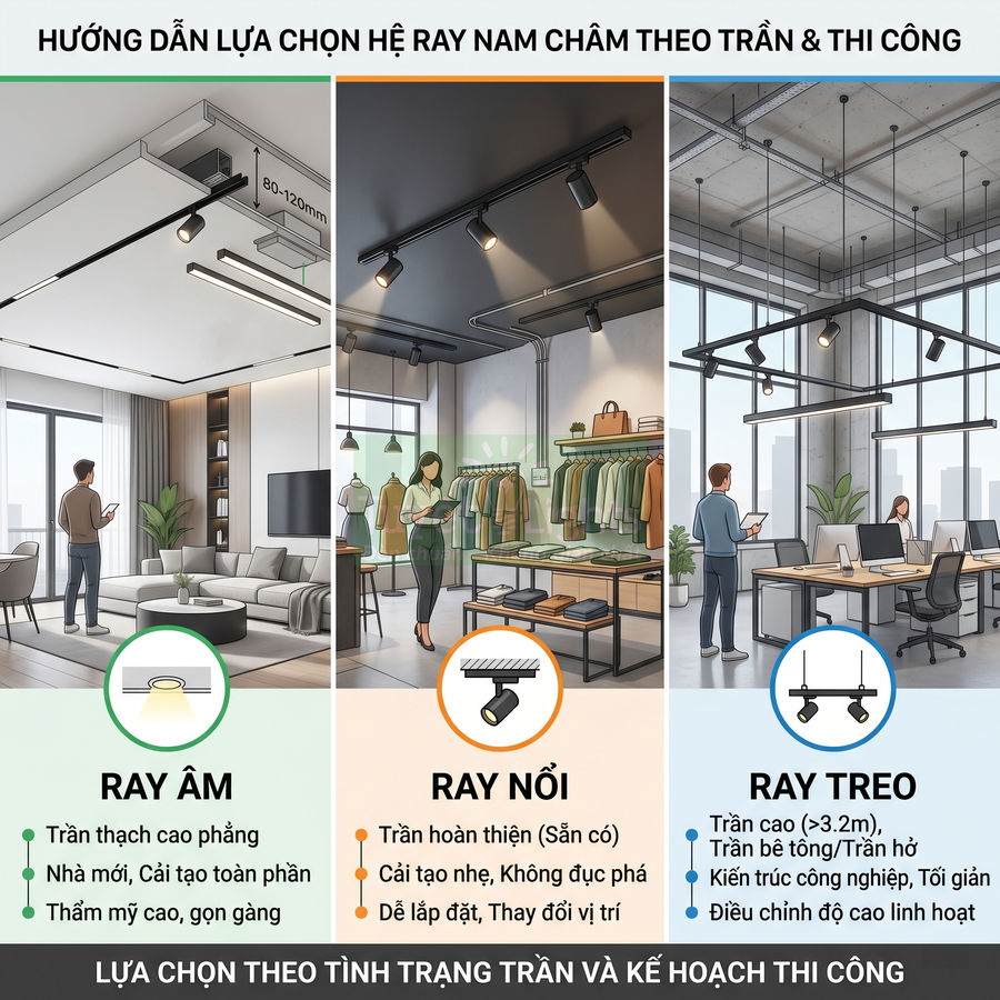 Hệ thống ray nam châm âm, nổi và treo cho đèn chiếu sáng trần nhà, cửa hàng và văn phòng hiện đại
