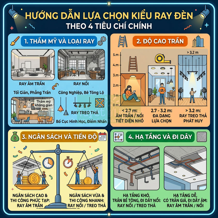 Hướng dẫn lựa chọn kiểu ray đèn chiếu sáng theo 4 tiêu chí thẩm mỹ, độ cao trần, ngân sách và hạ tầng đi dây