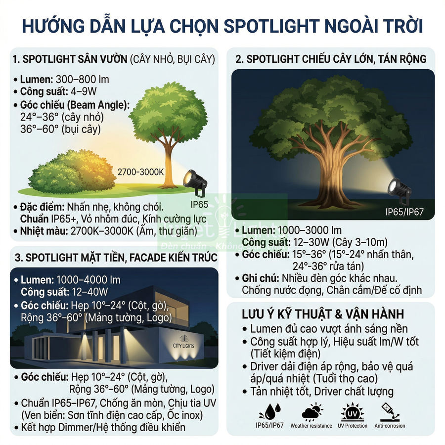 Hướng dẫn lựa chọn đèn spotlight ngoài trời cho sân vườn, chiếu cây lớn và mặt tiền kiến trúc
