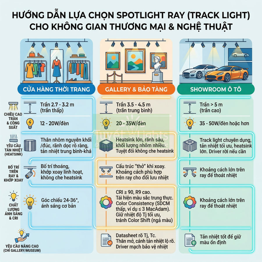 Infographic hướng dẫn chọn đèn spotlight ray track light cho cửa hàng thời trang, gallery bảo tàng và showroom ô tô