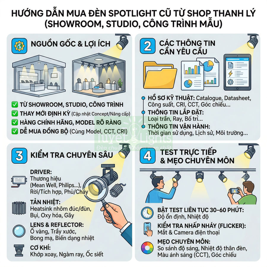 Hướng dẫn mua đèn spotlight cũ cho showroom studio công trình mẫu với các bước kiểm tra và test chi tiết