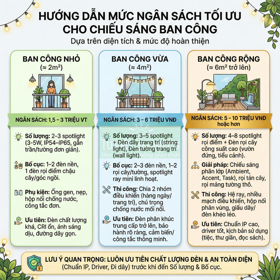 Hướng dẫn chọn ngân sách và bố trí đèn chiếu sáng ban công nhỏ vừa rộng theo diện tích