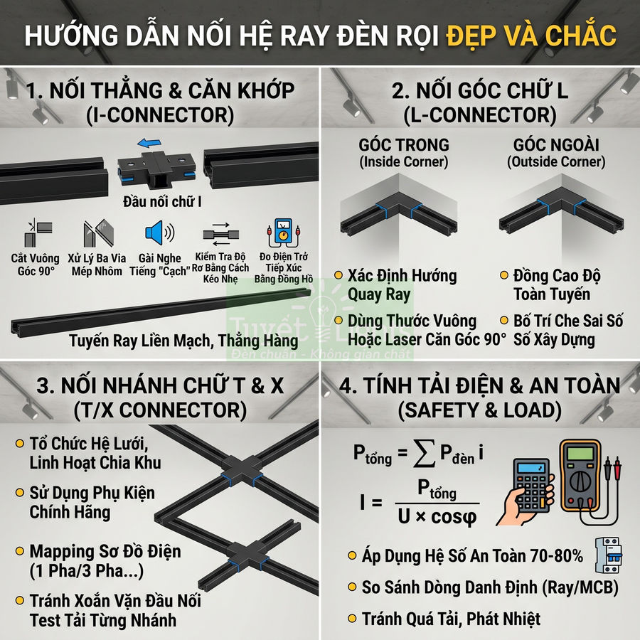 Hướng dẫn lắp đặt hệ ray đèn rọi trần nhà với các loại connector I L T X và cách tính tải điện an toàn