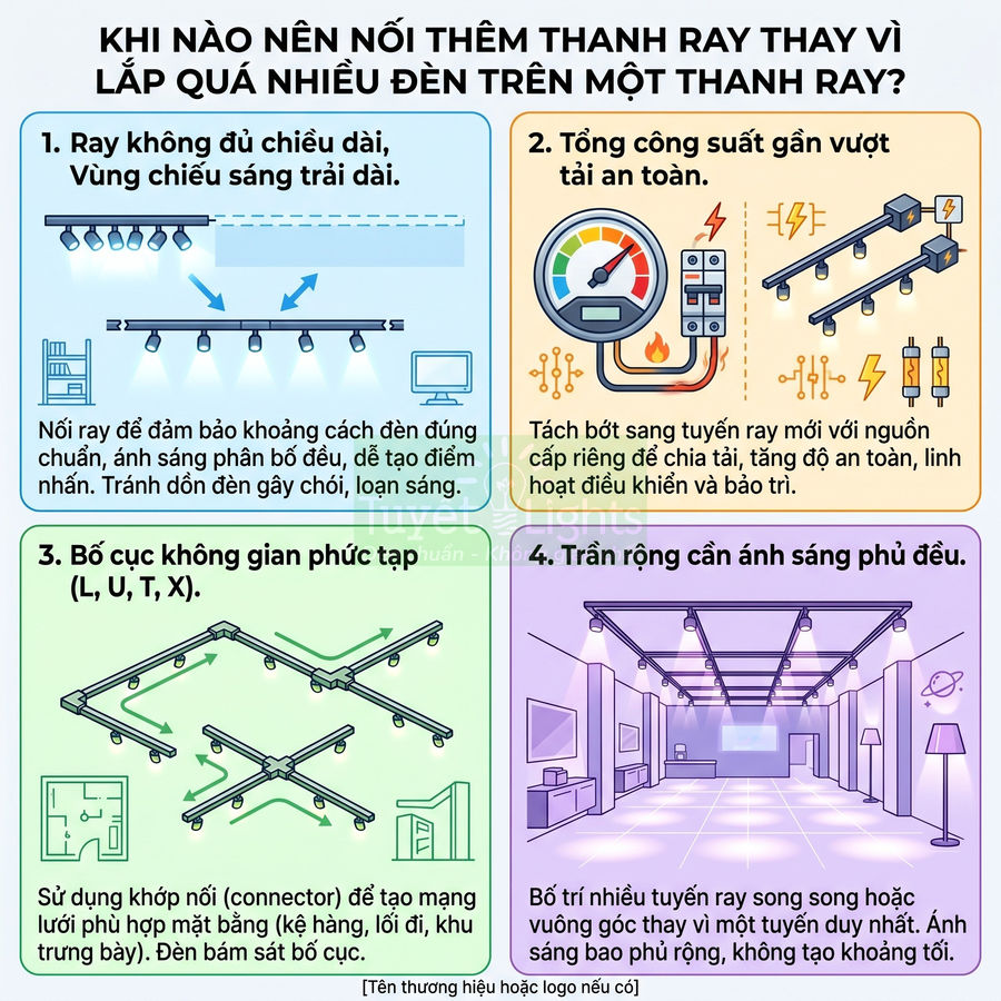 Infographic hướng dẫn khi nào nên nối thêm thanh ray đèn chiếu sáng thay vì lắp quá nhiều đèn trên một thanh ray