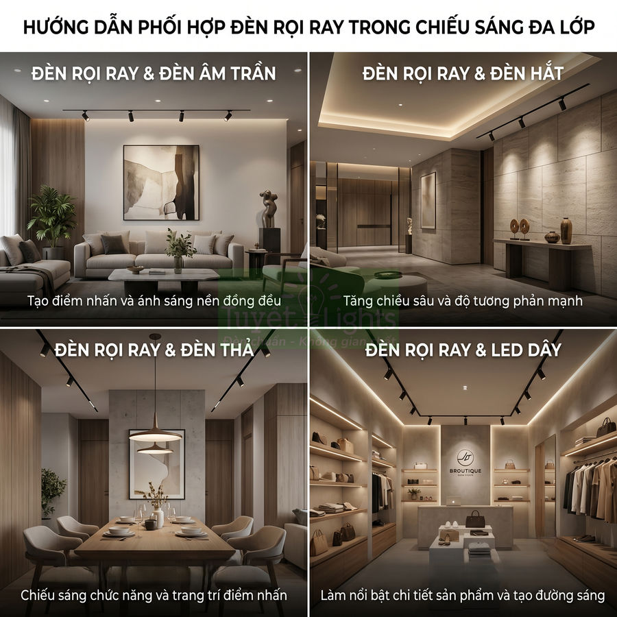 Hướng dẫn phối hợp đèn rọi ray với đèn âm trần, đèn hắt, đèn thả và LED dây cho phòng khách, bếp, cửa hàng