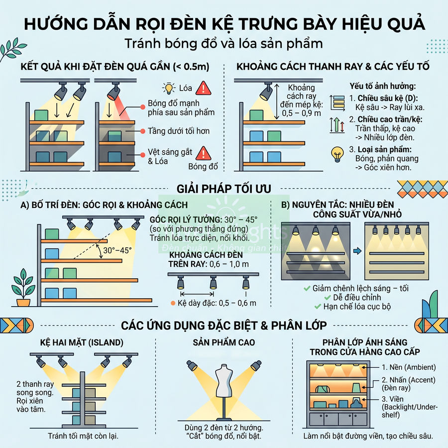 Hướng dẫn bố trí đèn rọi cho kệ trưng bày sản phẩm trong cửa hàng để tránh bóng đổ và lóa