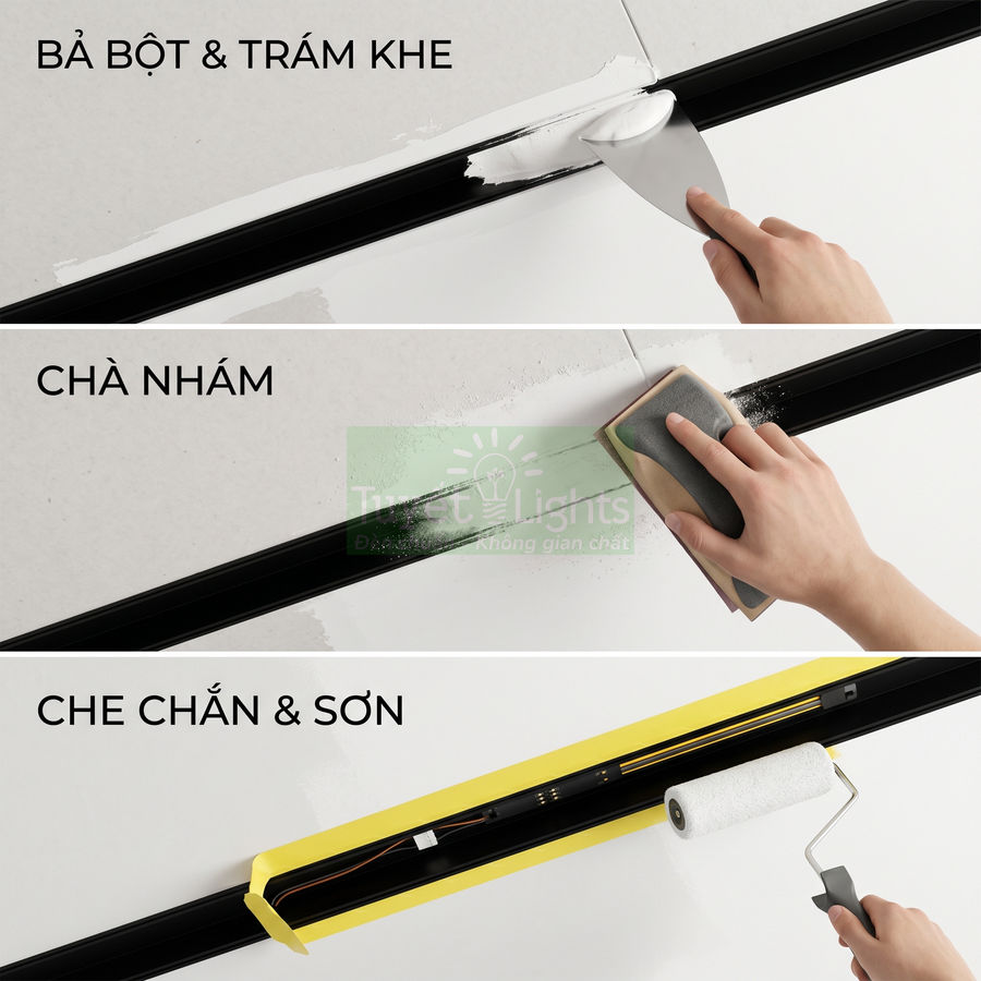 Các bước bả bột chà nhám che chắn và sơn hoàn thiện rãnh đèn âm trần trên trần thạch cao