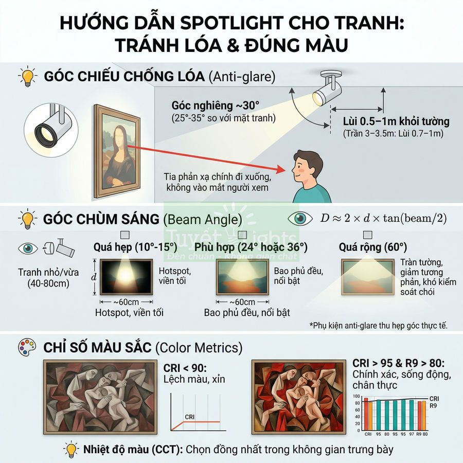 Hướng dẫn chọn đèn spotlight chiếu tranh treo tường tránh lóa đúng màu với góc chiếu và chỉ số CRI phù hợp