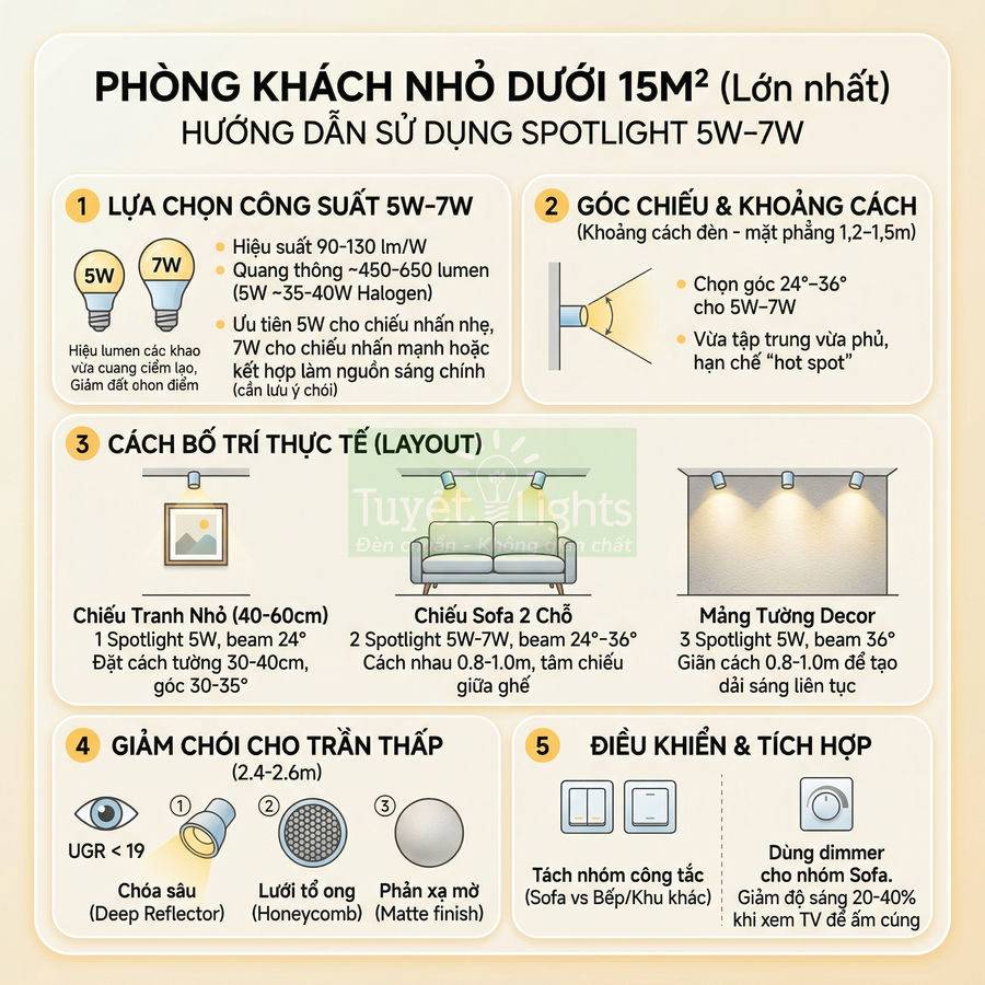 Hướng dẫn bố trí đèn spotlight 5W 7W cho phòng khách nhỏ dưới 15m2 giảm chói và chiếu sáng hiệu quả