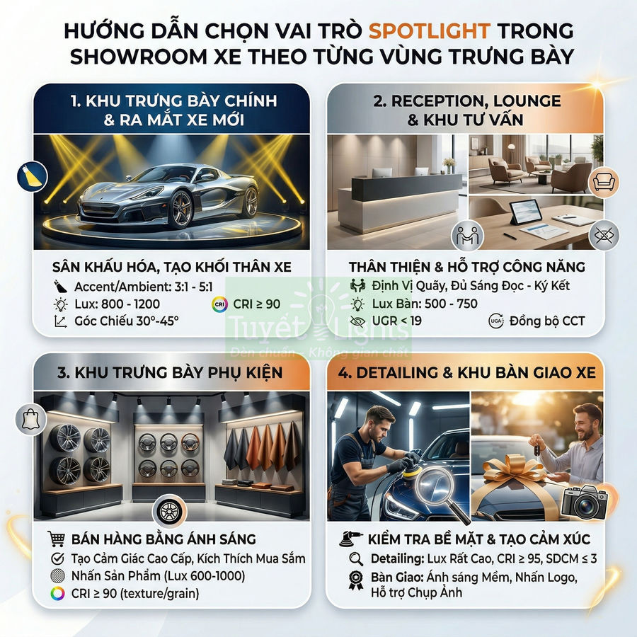 Hướng dẫn chọn đèn spotlight cho showroom ô tô với các khu trưng bày xe, phụ kiện và khu bàn giao xe