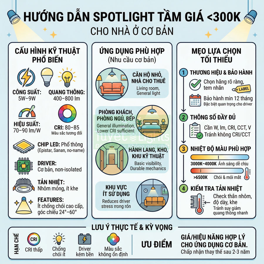 Hướng dẫn chọn đèn spotlight giá rẻ dưới 300k cho nhà ở cơ bản với thông số kỹ thuật và mẹo lựa chọn