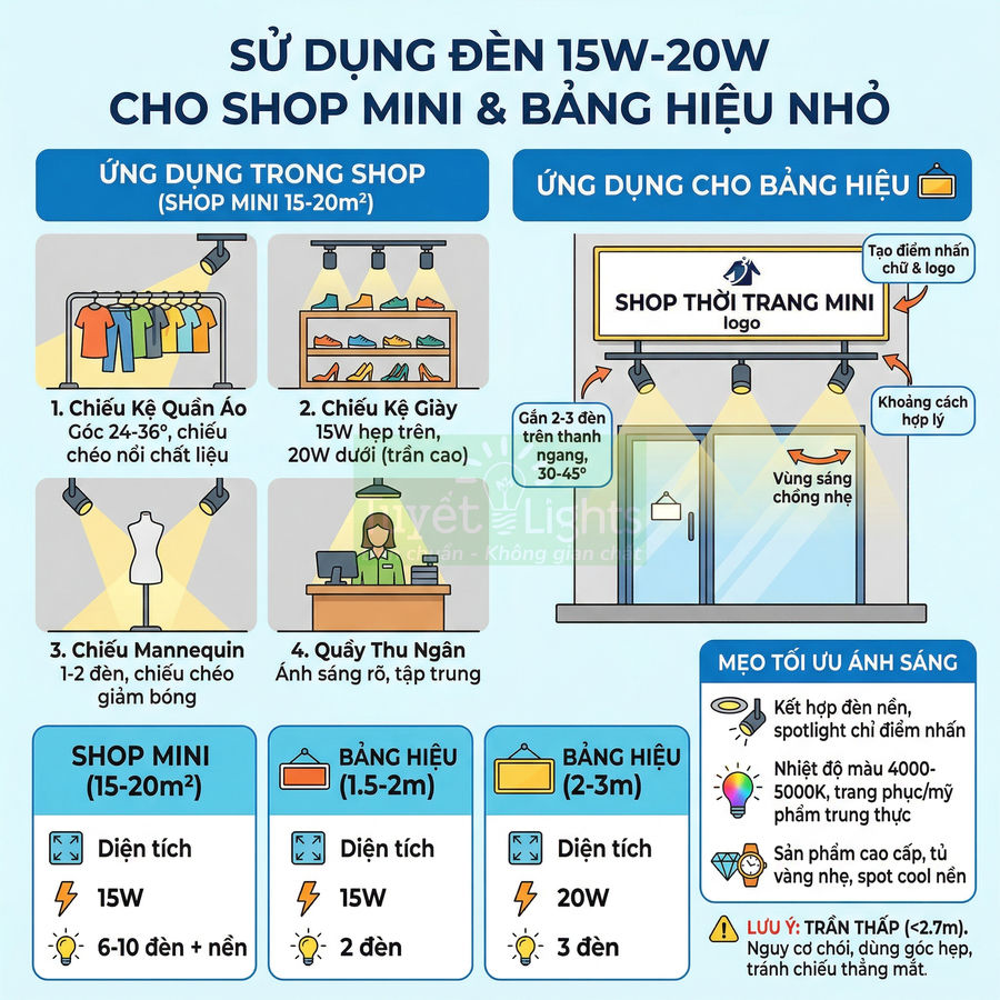 Hướng dẫn sử dụng đèn LED 15W 20W cho shop thời trang mini và bảng hiệu nhỏ, tối ưu chiếu sáng sản phẩm