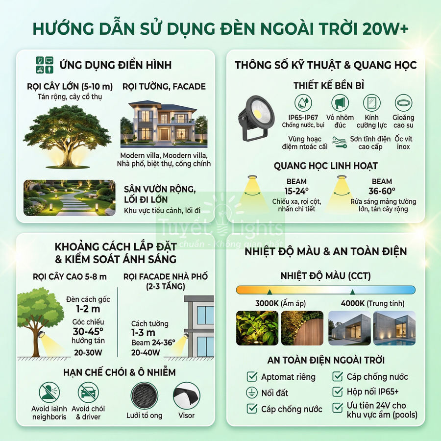 Hướng dẫn sử dụng đèn ngoài trời 20W+, thông số kỹ thuật, khoảng cách lắp đặt và ứng dụng chiếu sáng sân vườn
