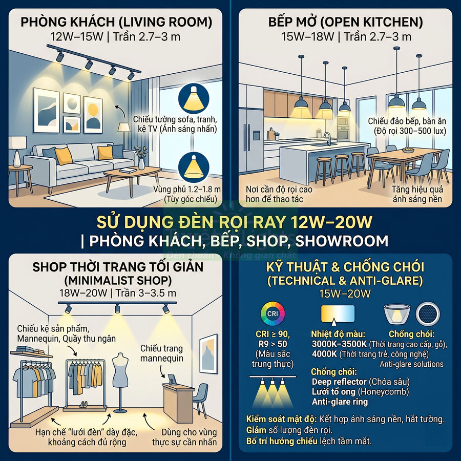 Infographic hướng dẫn sử dụng đèn rọi ray 12W 20W cho phòng khách bếp shop thời trang và showroom