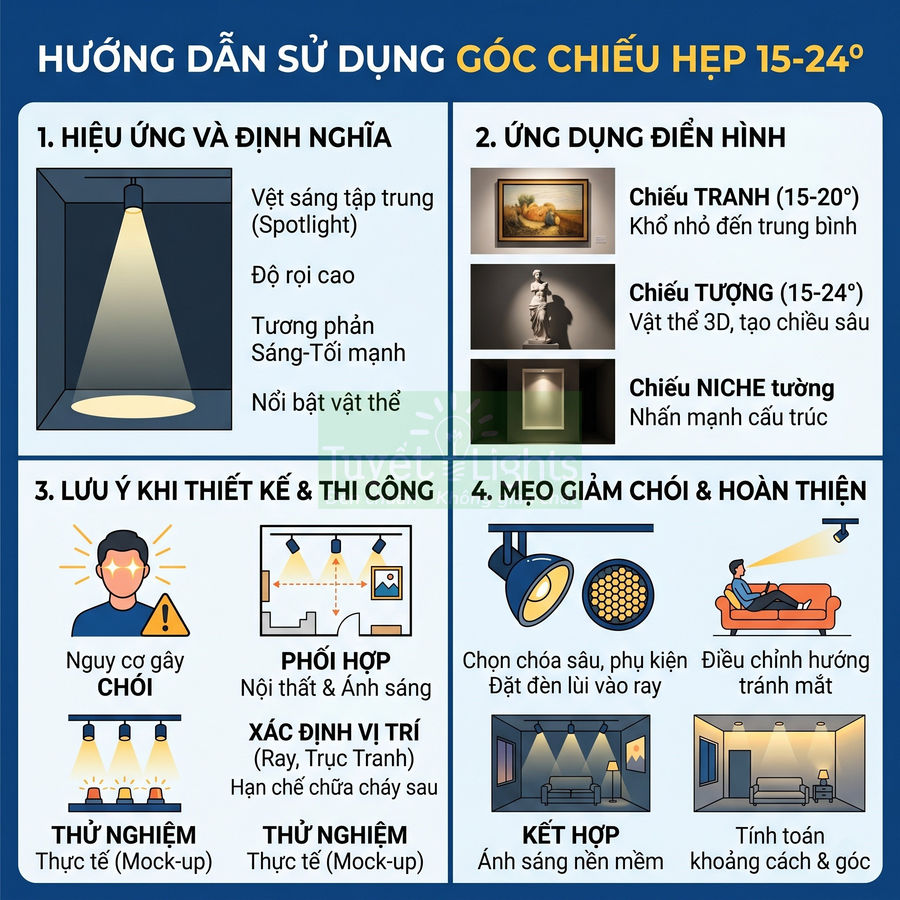 Hướng dẫn sử dụng đèn chiếu góc hẹp 15 24 độ để chiếu tranh, tượng và tạo điểm nhấn nội thất