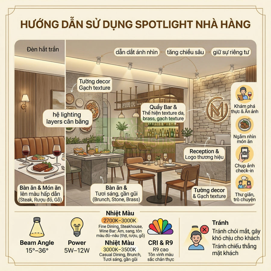 Đèn spotlight cho nhà hàng: tạo không gian ấm cúng