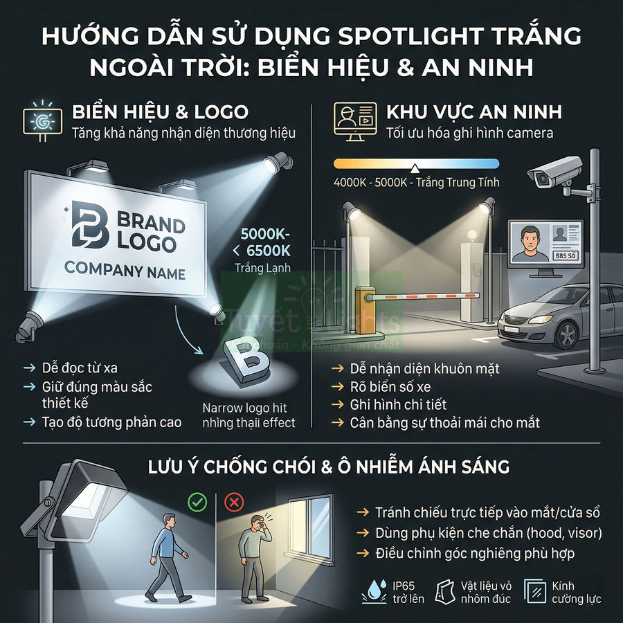 Hướng dẫn sử dụng đèn spotlight trắng ngoài trời cho biển hiệu quảng cáo và chiếu sáng an ninh camera