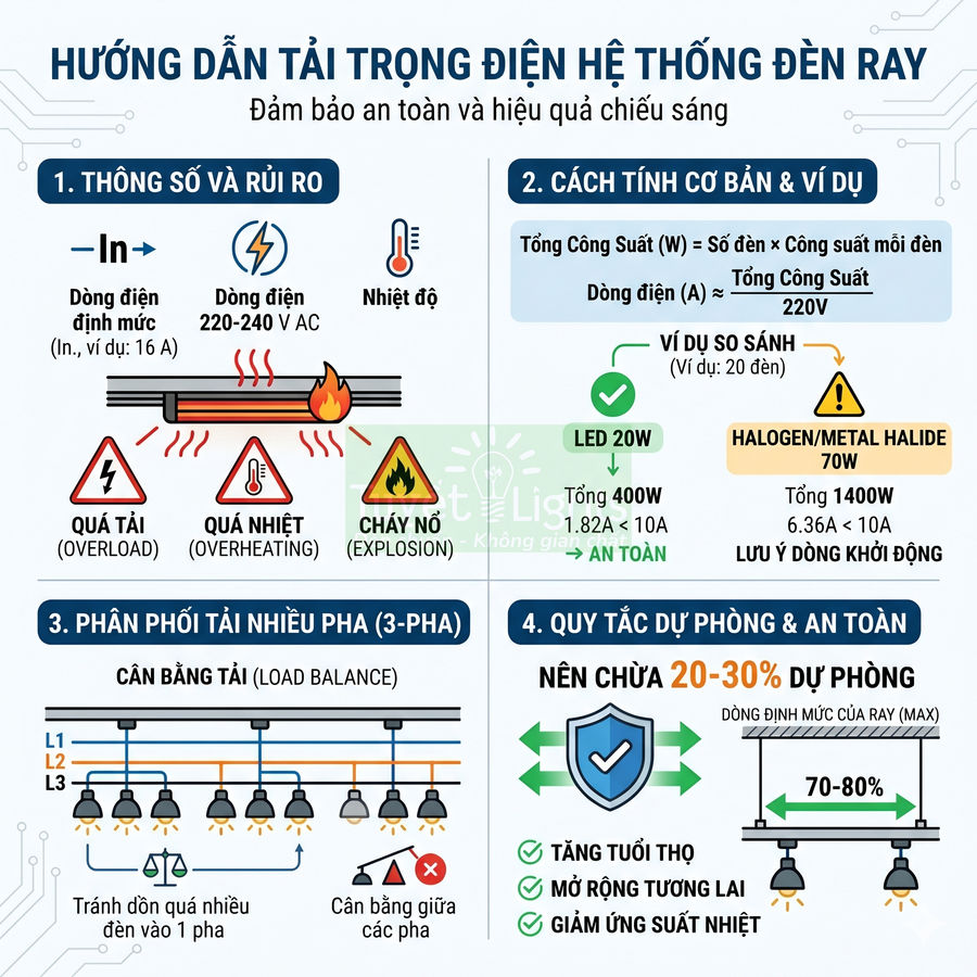 Hướng dẫn tải trọng điện cho hệ thống đèn ray, cách tính công suất, phân phối tải và quy tắc an toàn