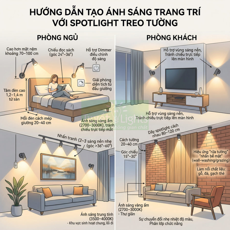 Hướng dẫn bố trí đèn spotlight treo tường trang trí phòng ngủ và phòng khách hiện đại