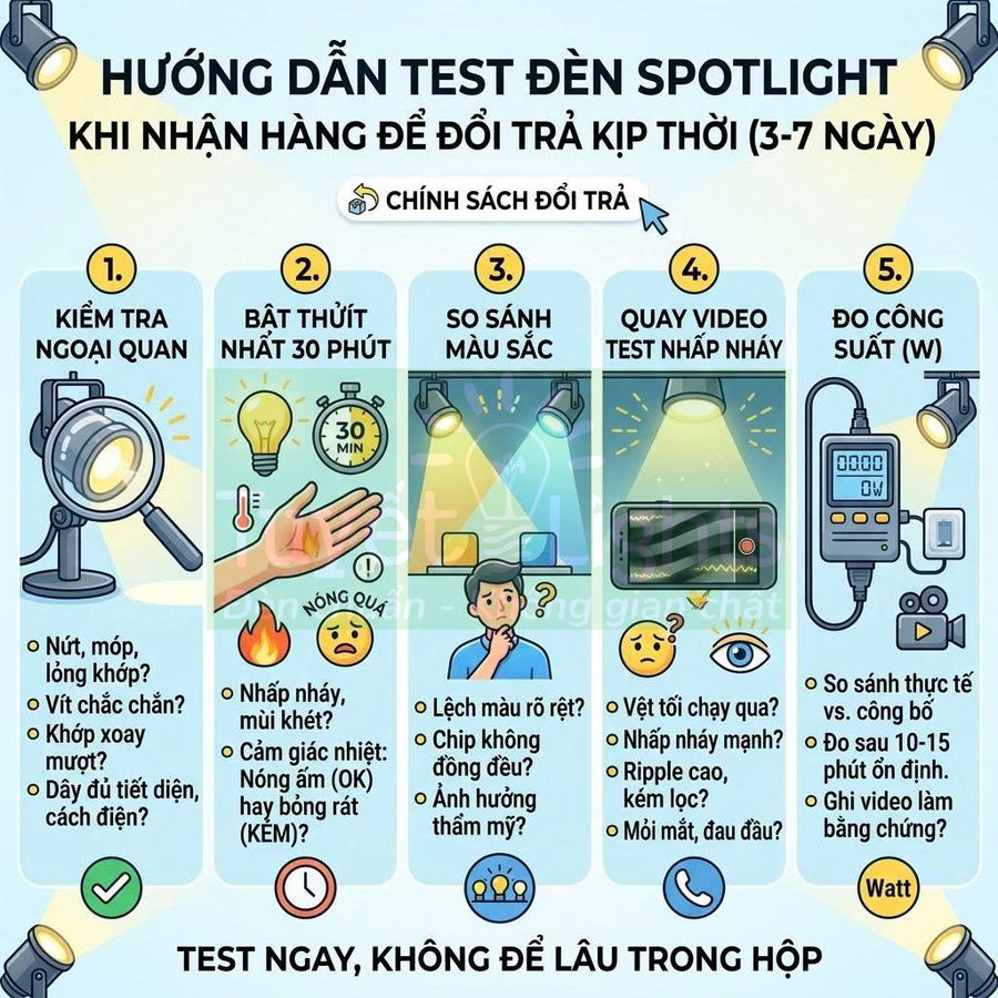 Hướng dẫn kiểm tra và test đèn spotlight khi nhận hàng để đảm bảo chất lượng và đổi trả kịp thời