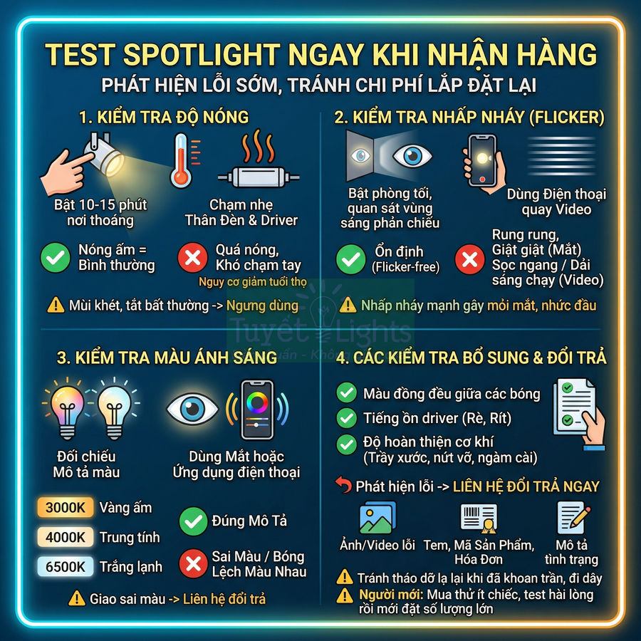Hướng dẫn kiểm tra và test đèn spotlight khi nhận hàng để phát hiện lỗi sớm và đổi trả nhanh
