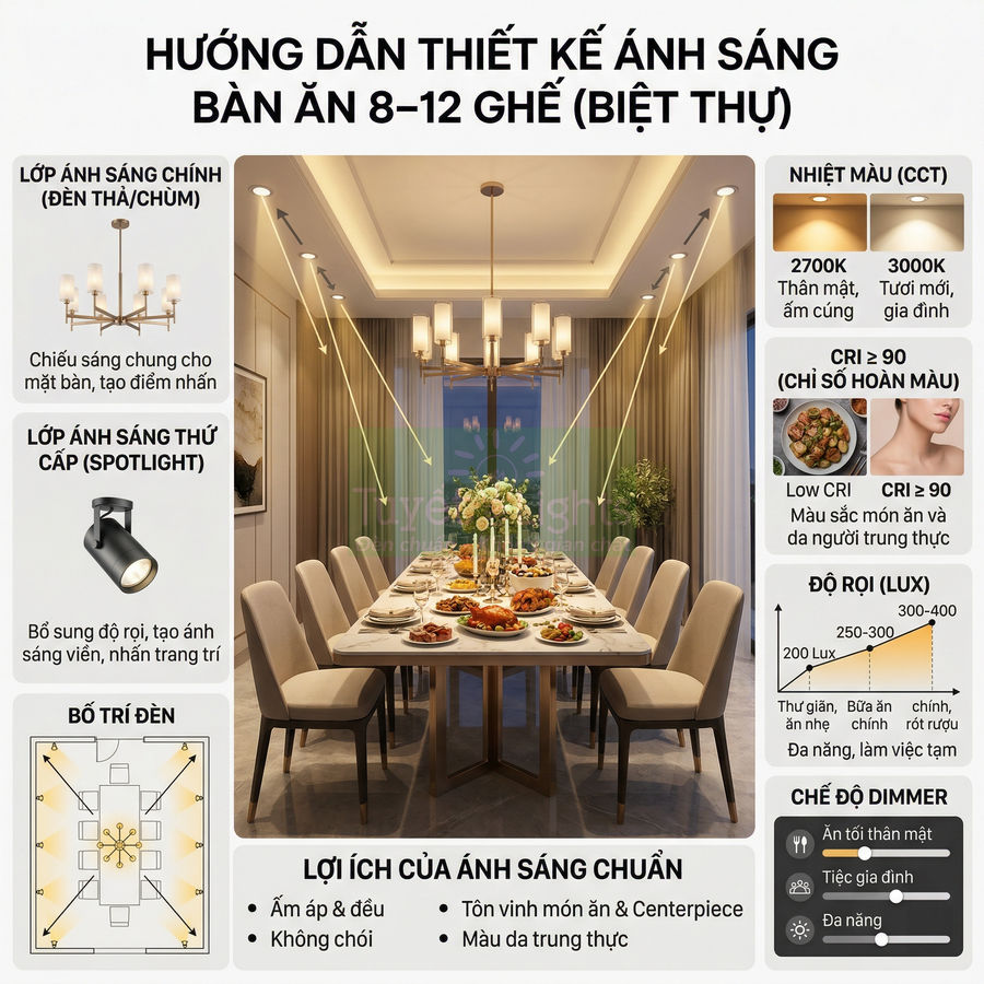 Hướng dẫn thiết kế ánh sáng bàn ăn 8 đến 12 ghế trong biệt thự với đèn chùm và đèn spotlight hiện đại