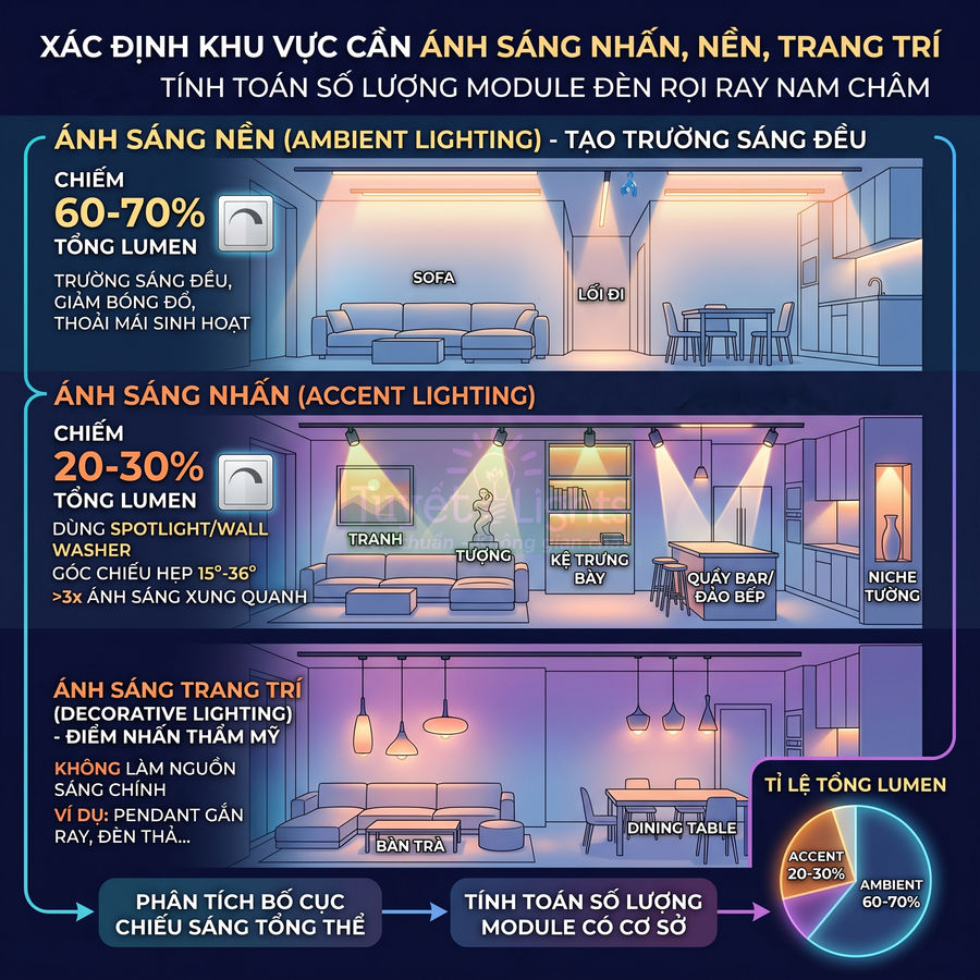 Sơ đồ bố trí ánh sáng nền, nhấn và trang trí cho phòng khách và bếp bằng đèn rọi ray nam châm