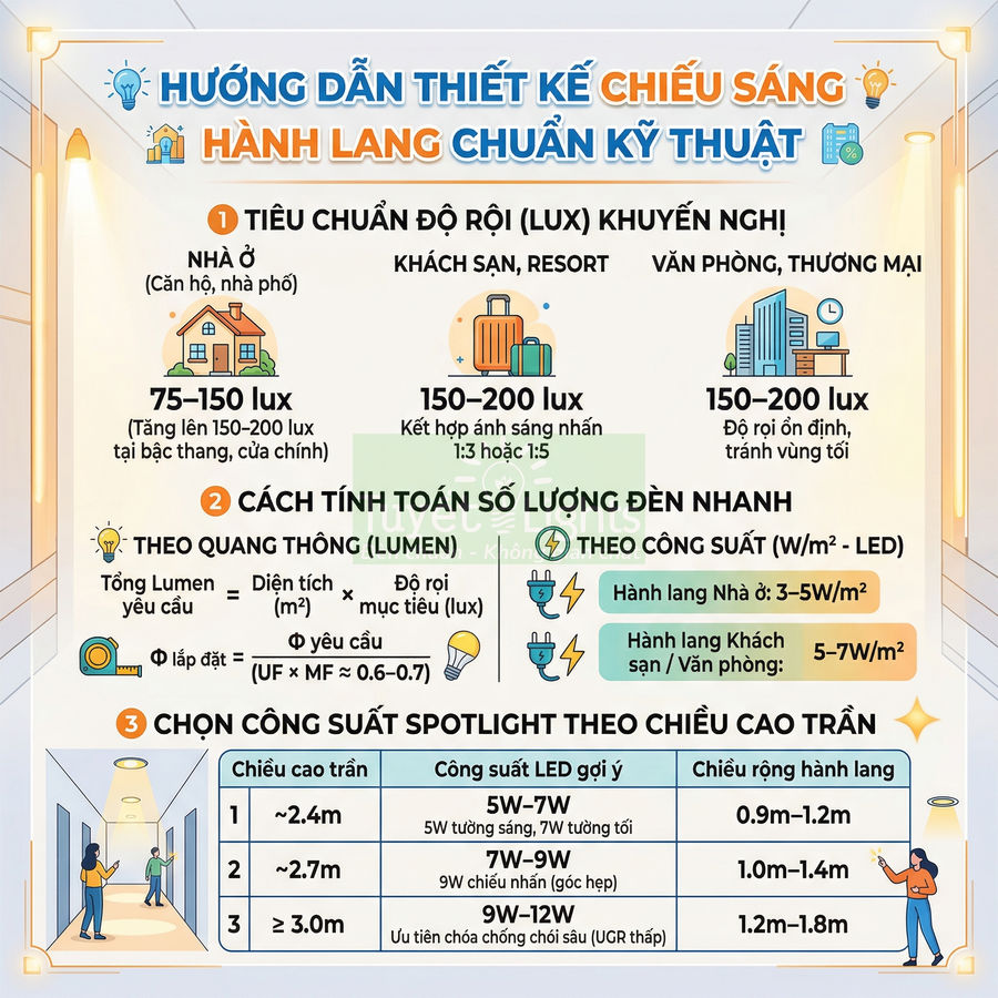 Hướng dẫn thiết kế chiếu sáng hành lang với tiêu chuẩn độ rọi lux và chọn công suất đèn LED spotlight phù hợp