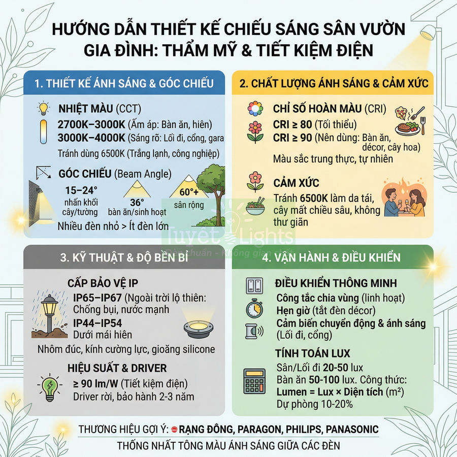 Hướng dẫn chọn đèn LED chiếu sáng sân vườn gia đình thẩm mỹ, tiết kiệm điện với thông số kỹ thuật và thương hiệu gợi ý