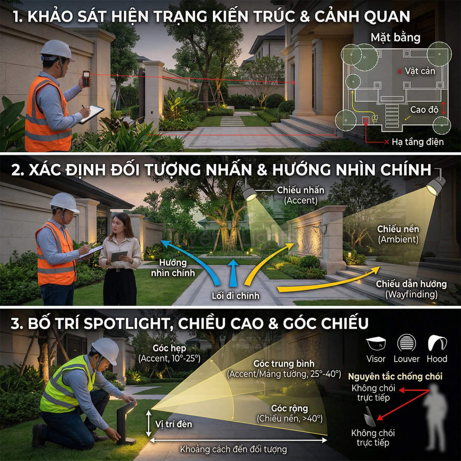 Quy trình thiết kế chiếu sáng sân vườn với kỹ sư khảo sát, xác định hướng nhìn và bố trí đèn spotlight ngoài trời