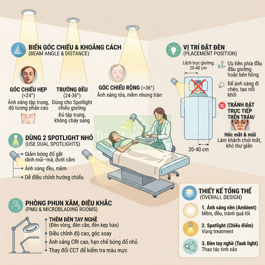 Minh họa bố trí đèn chiếu sáng phòng spa, giường điều trị và kỹ thuật viên chăm sóc khách hàng