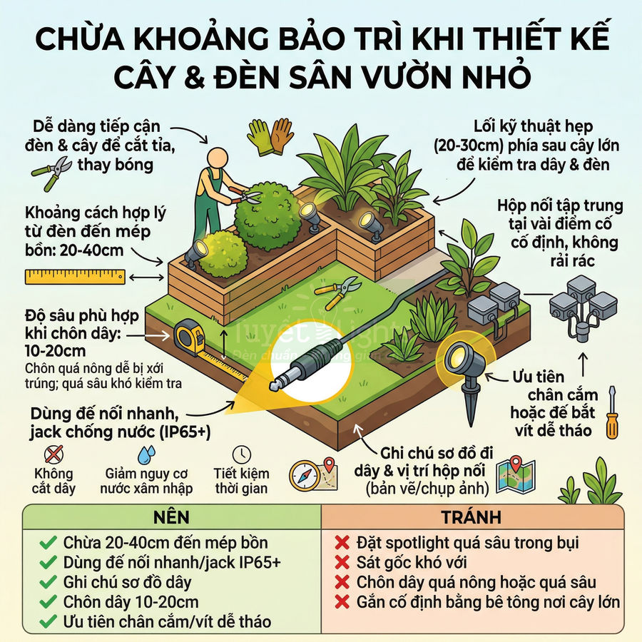 Minh họa hướng dẫn bố trí đèn sân vườn nhỏ với dây điện ngầm, jack chống nước và khoảng cách bảo trì hợp lý