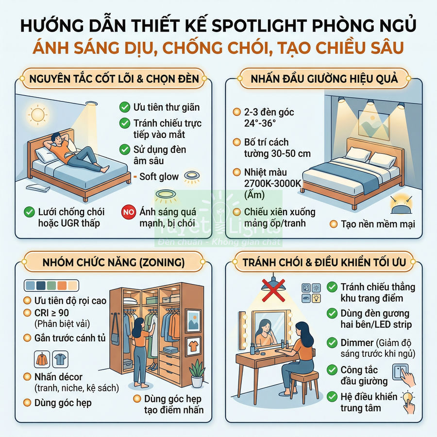 Infographic hướng dẫn thiết kế đèn spotlight phòng ngủ với các vị trí chiếu sáng, tránh chói và tạo ánh sáng dịu
