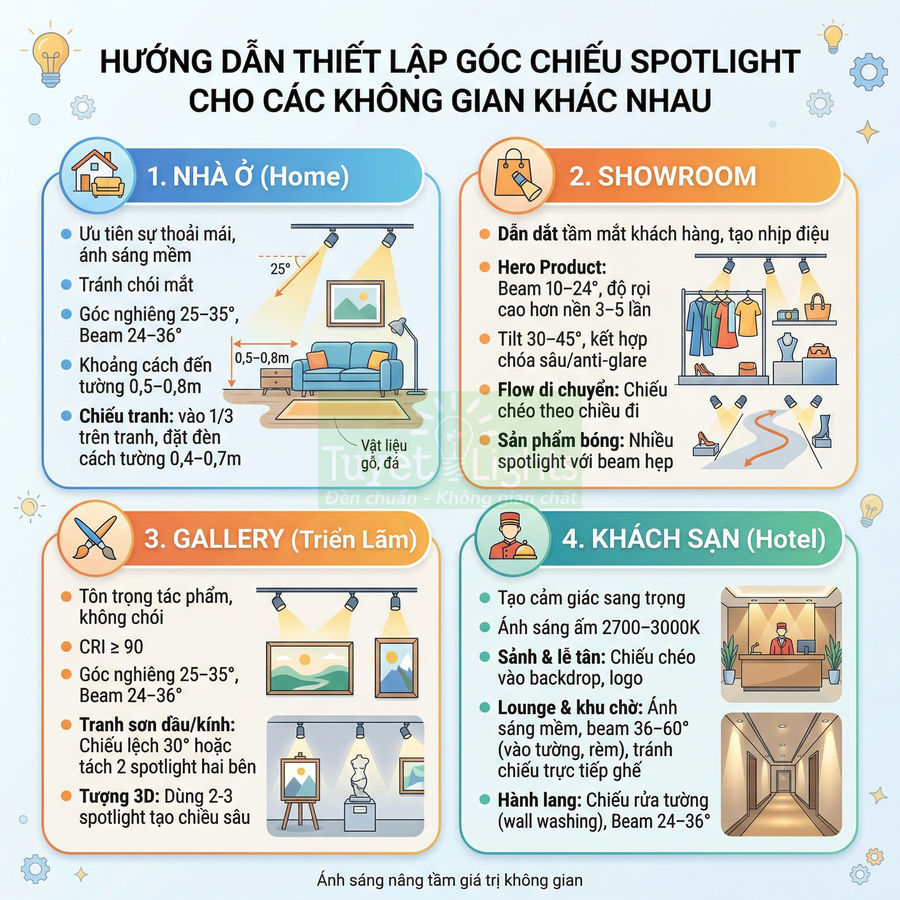 Hướng dẫn thiết lập góc chiếu đèn spotlight cho nhà ở, showroom, gallery và khách sạn bằng hình minh họa trực quan