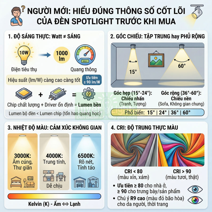 Hướng dẫn chọn đèn spotlight LED theo độ sáng, góc chiếu, nhiệt độ màu và chỉ số CRI trước khi mua