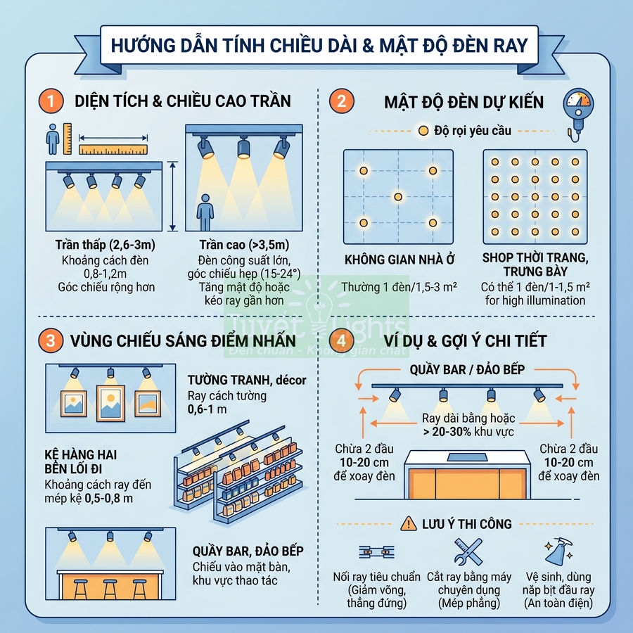 Hướng dẫn tính chiều dài và mật độ đèn ray chiếu sáng cho trần nhà, quầy bar, kệ hàng và tranh trang trí