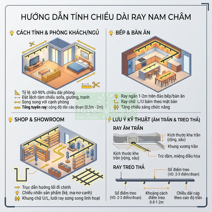 Hướng dẫn tính chiều dài ray nam châm cho phòng khách, bếp, shop và lưu ý lắp ray âm trần, ray treo thả