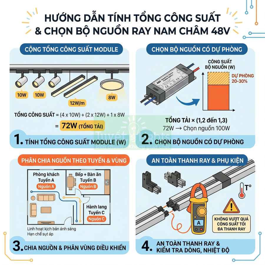 Hướng dẫn tính công suất và chọn bộ nguồn cho hệ thống đèn ray nam châm 48V