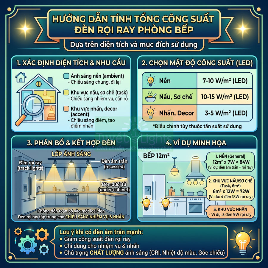 Infographic hướng dẫn tính tổng công suất đèn rọi ray phòng bếp theo diện tích và nhu cầu chiếu sáng