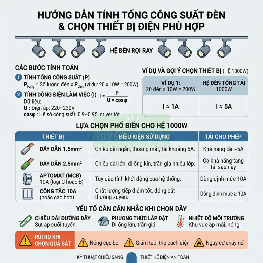Hướng dẫn tính tổng công suất đèn rọi ray 1000W và chọn dây dẫn, aptomat, công tắc phù hợp