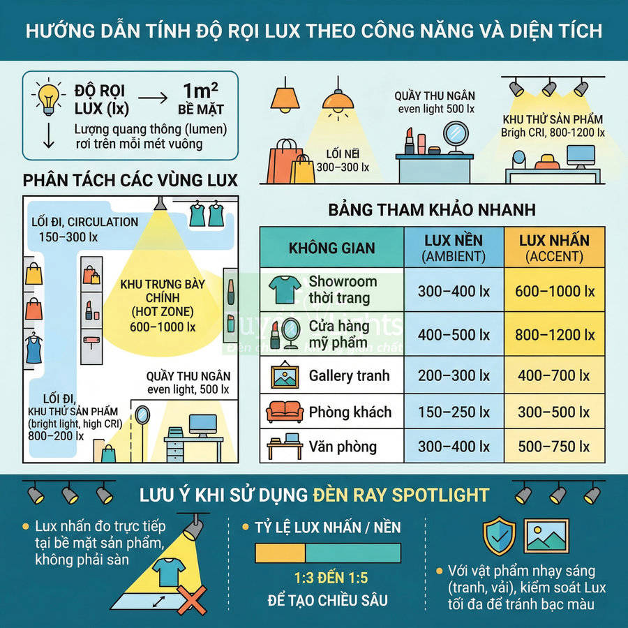 Hướng dẫn tính độ rọi lux và cách bố trí đèn ray spotlight cho cửa hàng và không gian nội thất