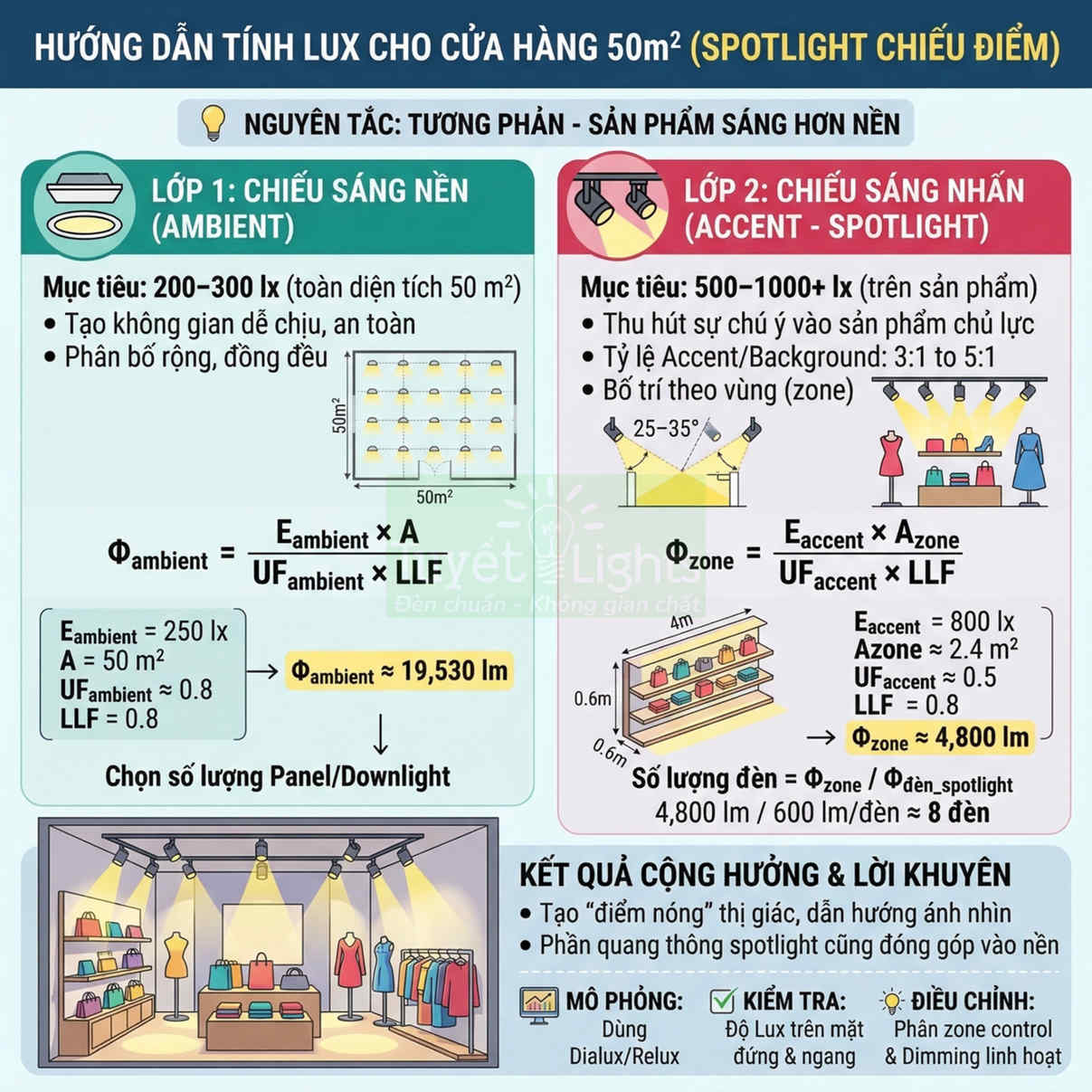 Hướng dẫn tính lux cho cửa hàng 50m2 với đèn panel chiếu sáng nền và đèn spotlight chiếu điểm sản phẩm
