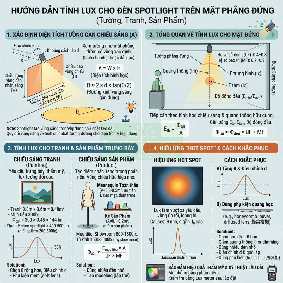 Hướng dẫn tính lux cho đèn spotlight chiếu tranh tường và sản phẩm trưng bày trên mặt phẳng đứng