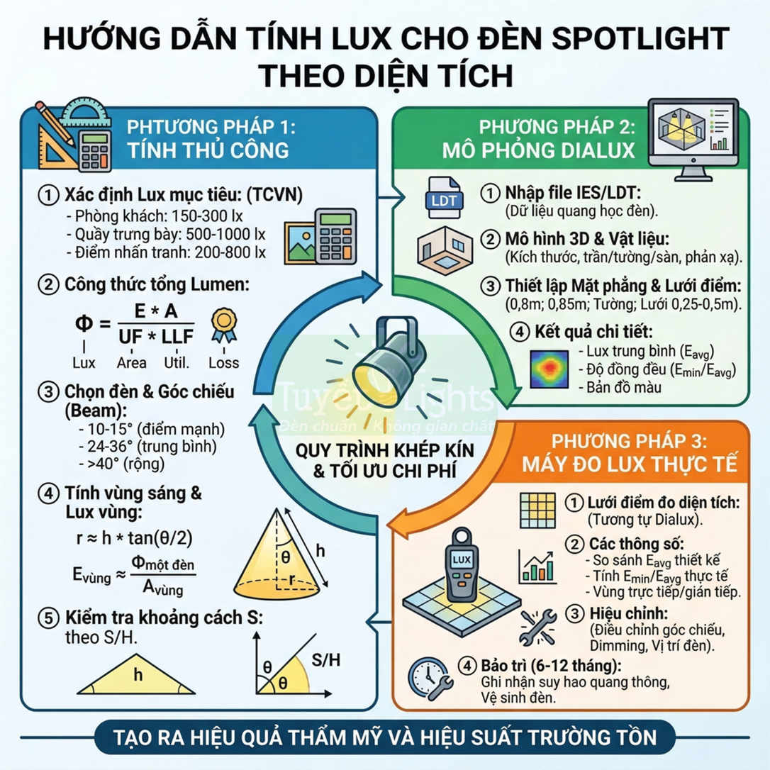 Hướng dẫn tính lux cho đèn spotlight theo diện tích với ba phương pháp đo và mô phỏng chi tiết