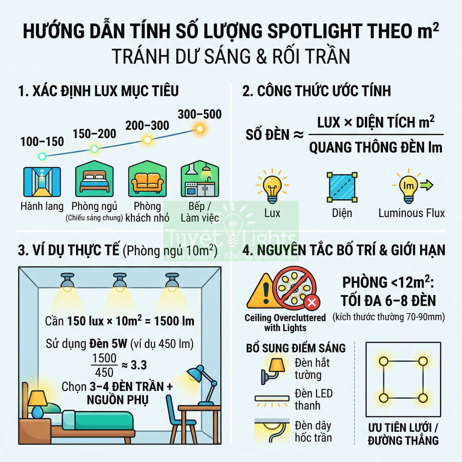 Hướng dẫn tính số lượng đèn spotlight theo m2, ví dụ bố trí đèn trần cho phòng ngủ 10m2